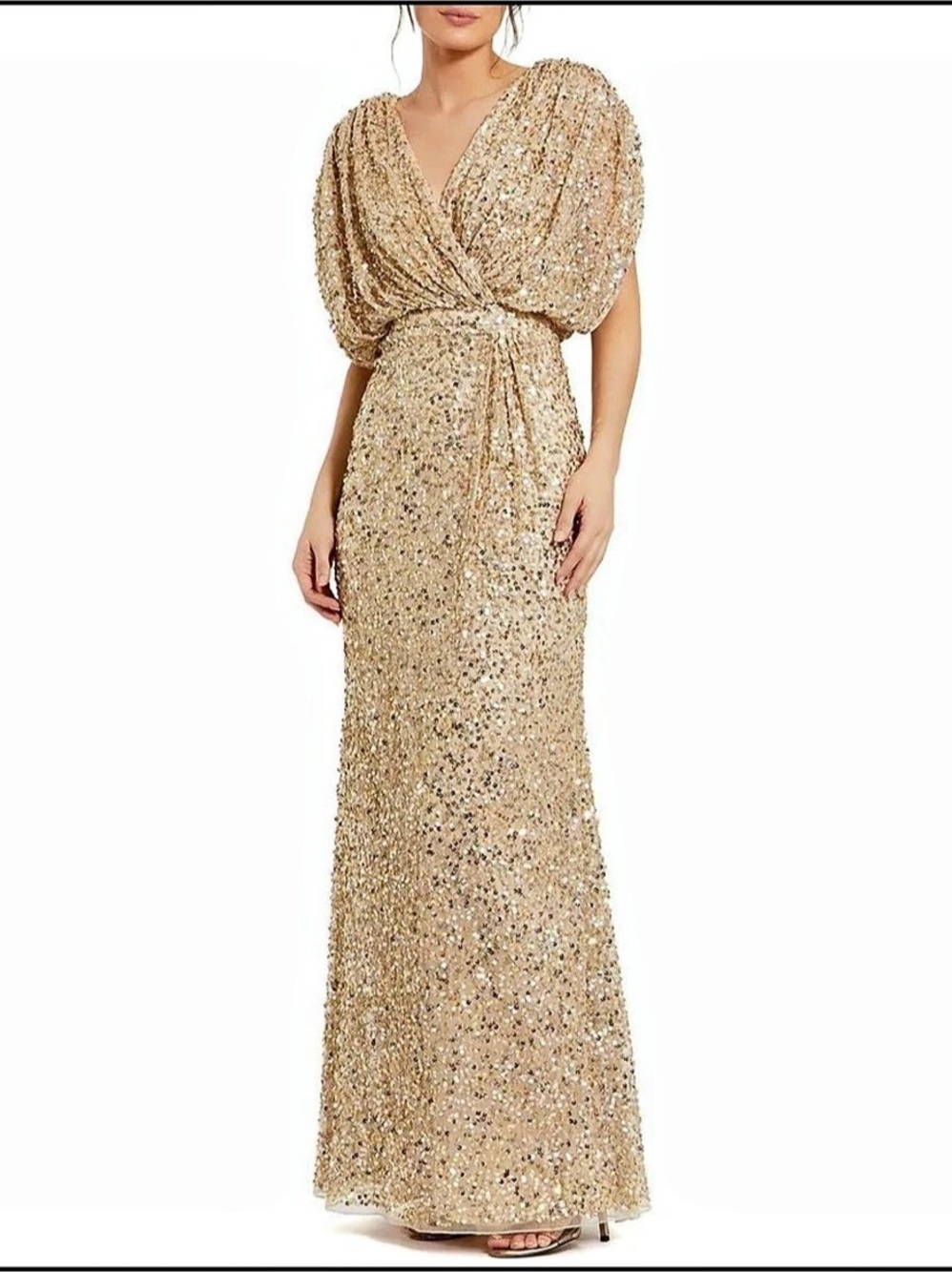 Mac Duggal Draped Sleeve V-Neck Gown Maxi Dress in Gold & Brown